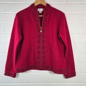 Vtg Chadwicks Boiled Wool Jacket‎ Large Red Beaded Floral Zip Up Cardigan